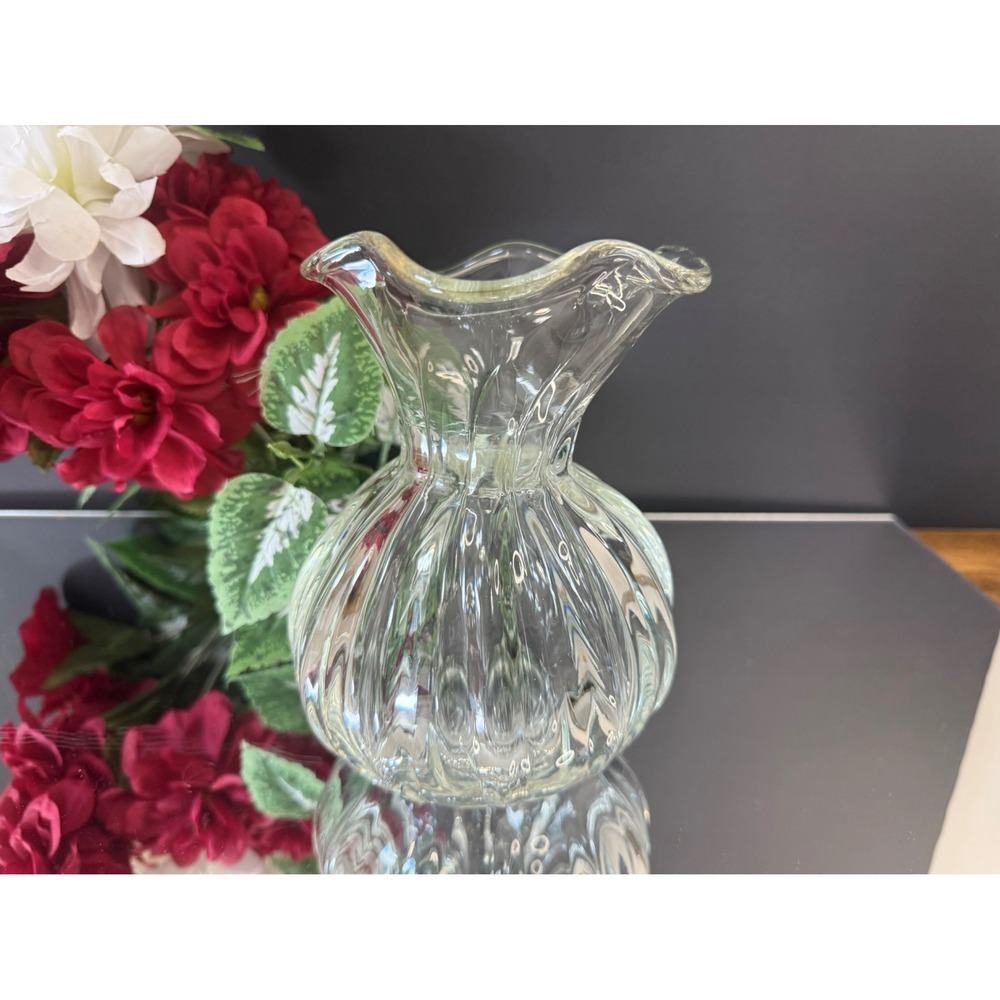Retro Mid Century Clear Ribbed Glass Vase with Fluted Ruffle Rim Elegant Home